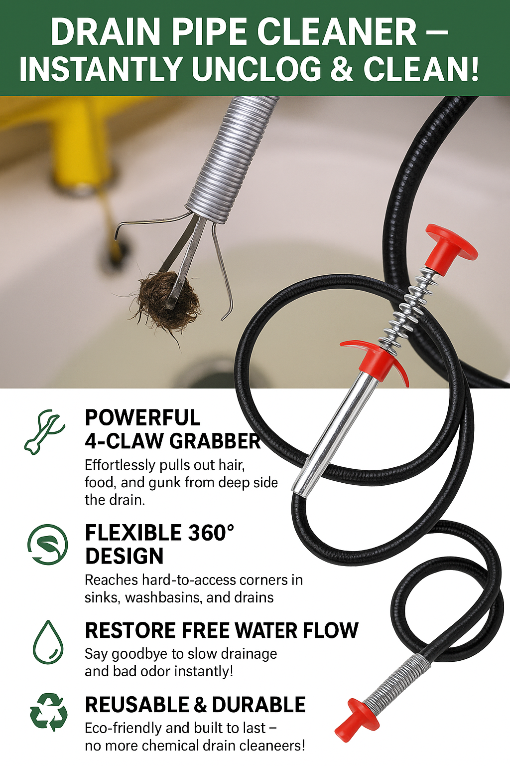 Probsoo™ Smart Sink Snake – Fix Choked Drains Without a Plumber!